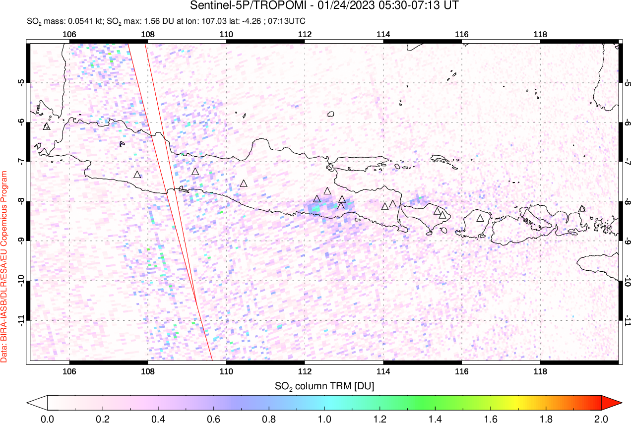 A sulfur dioxide image over Java, Indonesia on Jan 24, 2023.