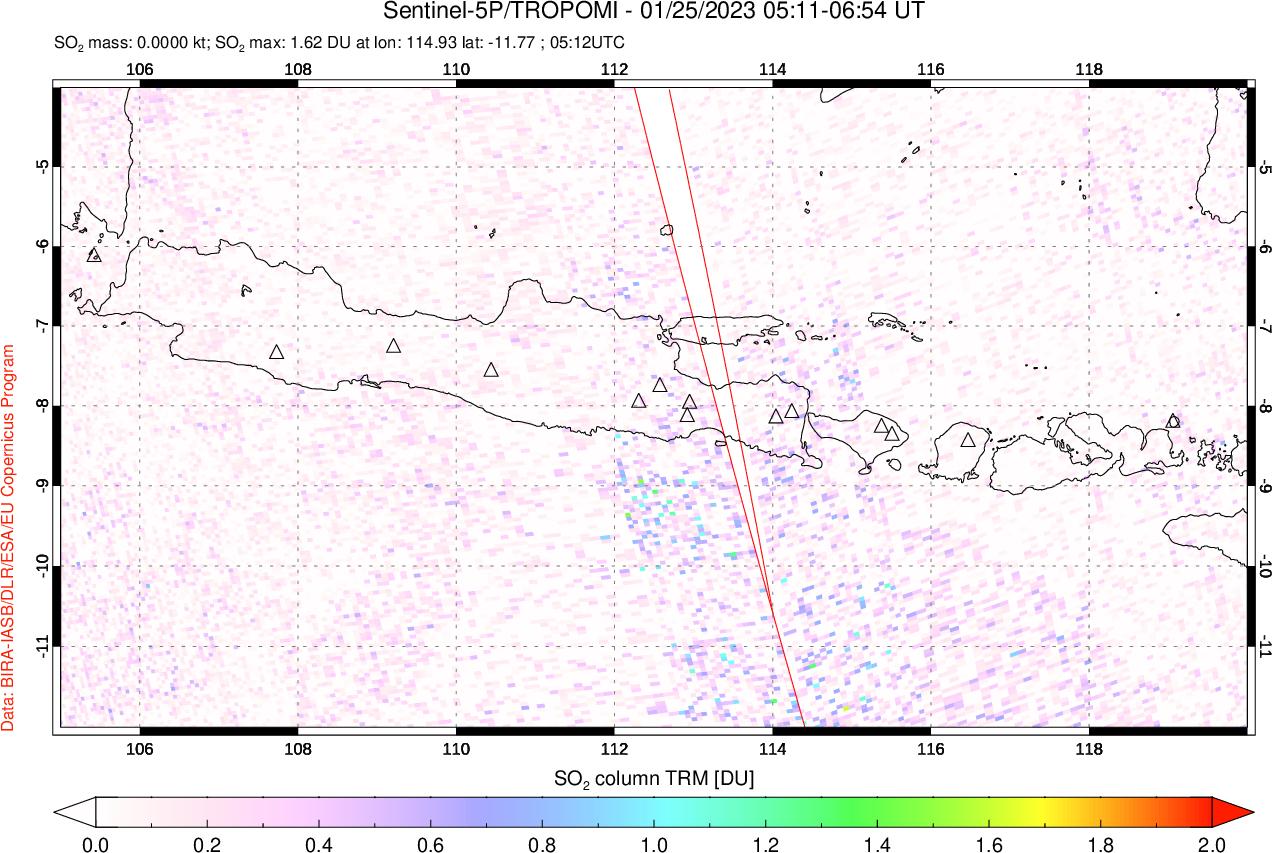 A sulfur dioxide image over Java, Indonesia on Jan 25, 2023.