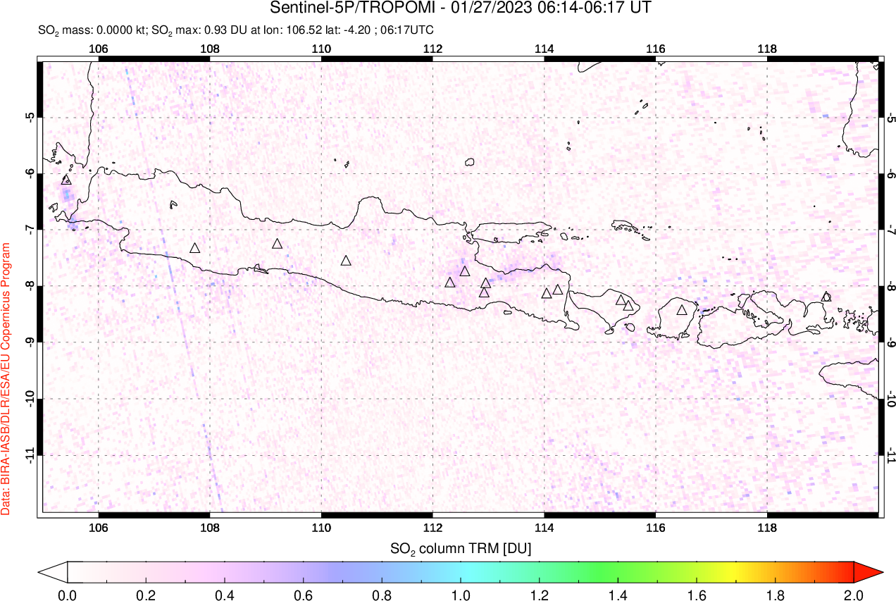 A sulfur dioxide image over Java, Indonesia on Jan 27, 2023.