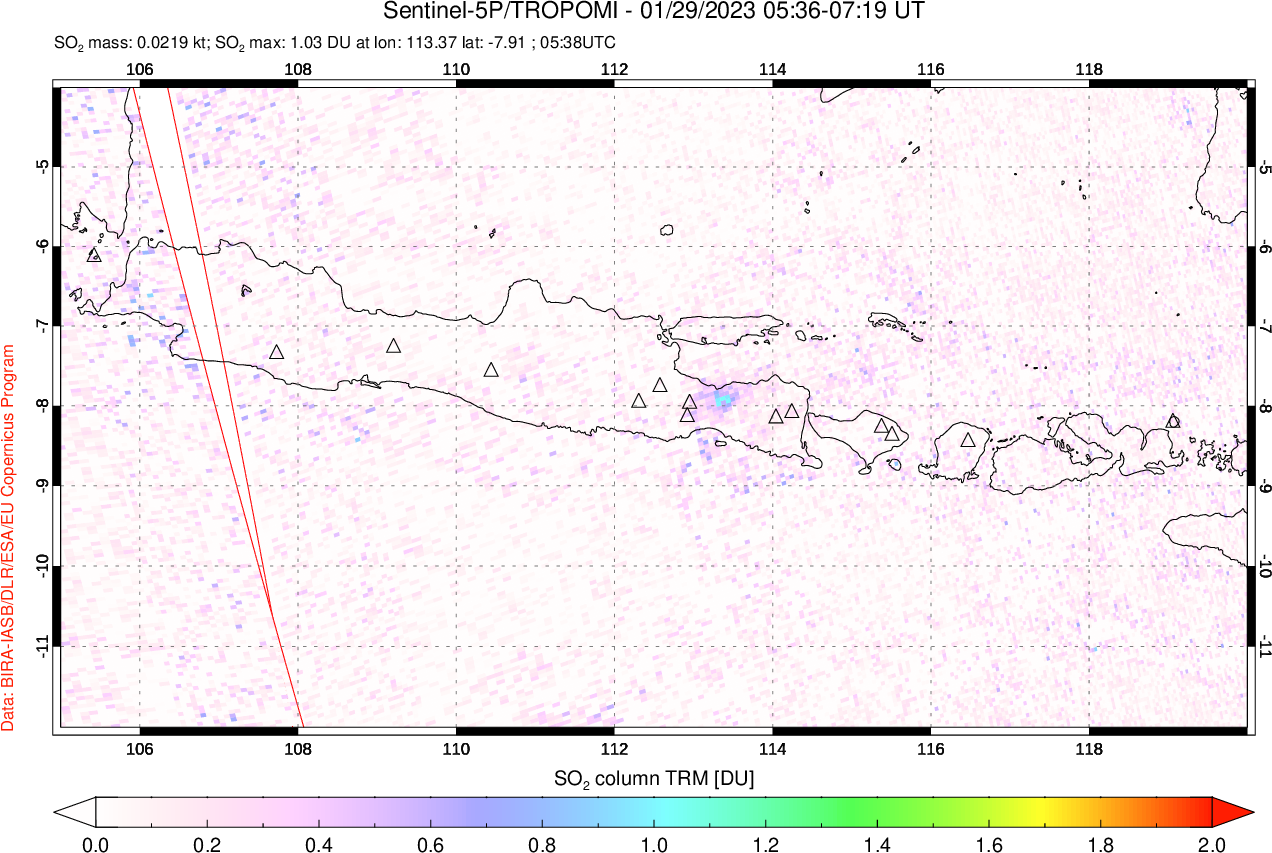 A sulfur dioxide image over Java, Indonesia on Jan 29, 2023.
