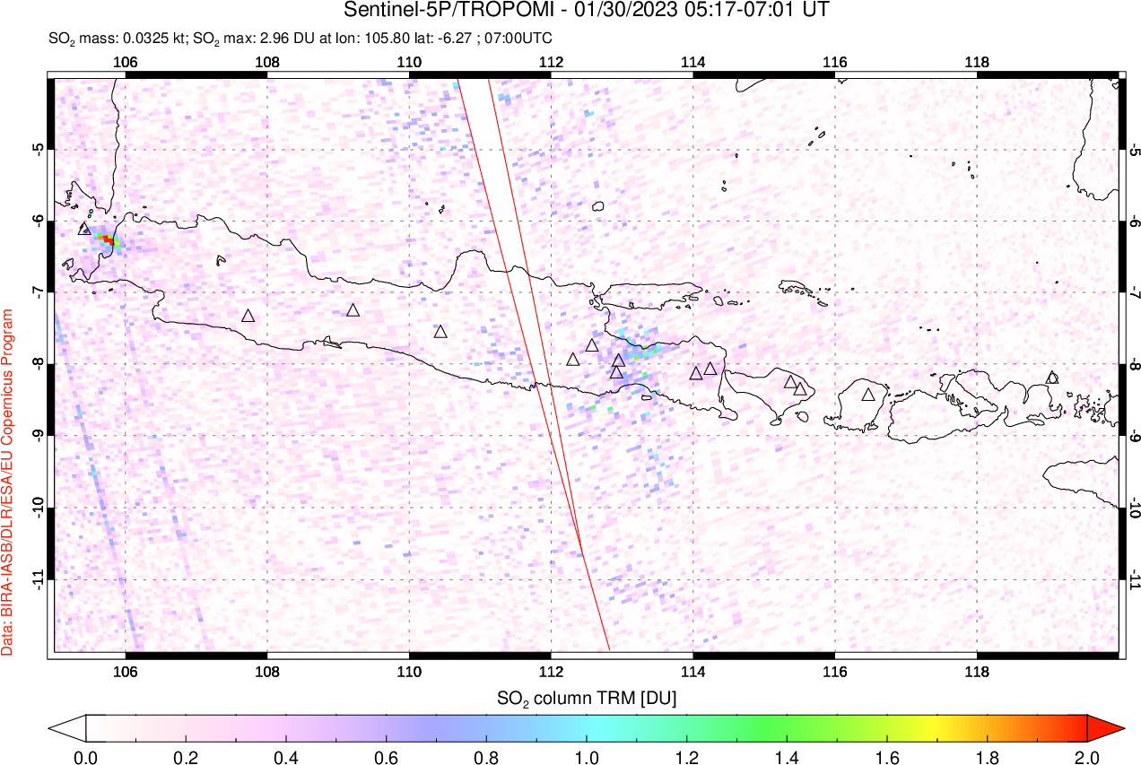 A sulfur dioxide image over Java, Indonesia on Jan 30, 2023.