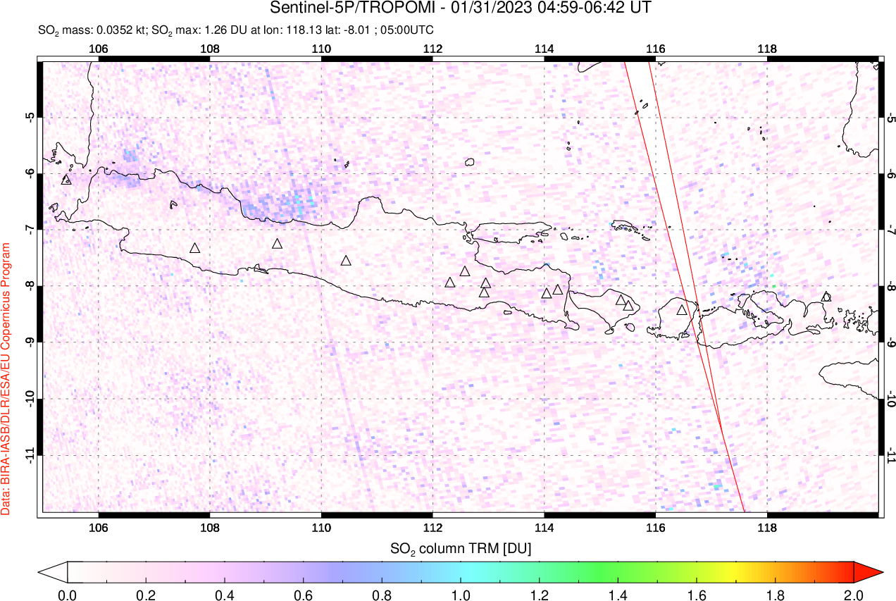 A sulfur dioxide image over Java, Indonesia on Jan 31, 2023.