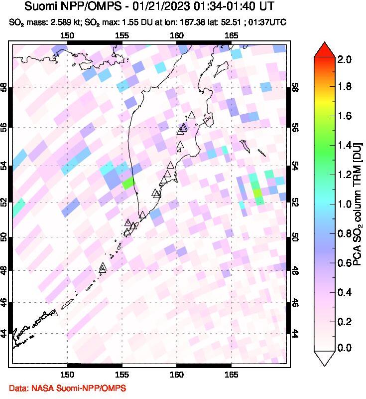 A sulfur dioxide image over Kamchatka, Russian Federation on Jan 21, 2023.