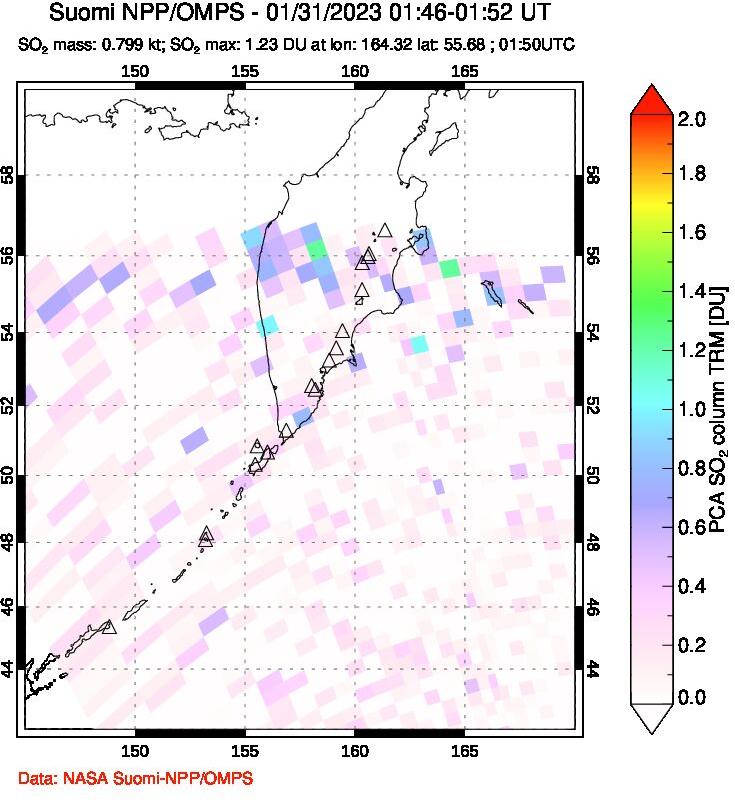 A sulfur dioxide image over Kamchatka, Russian Federation on Jan 31, 2023.