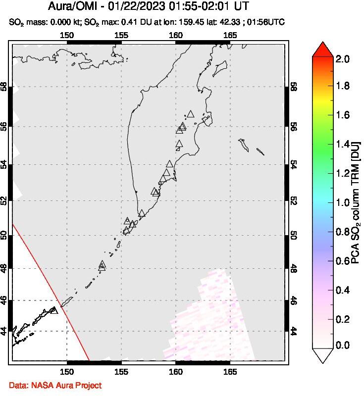 A sulfur dioxide image over Kamchatka, Russian Federation on Jan 22, 2023.
