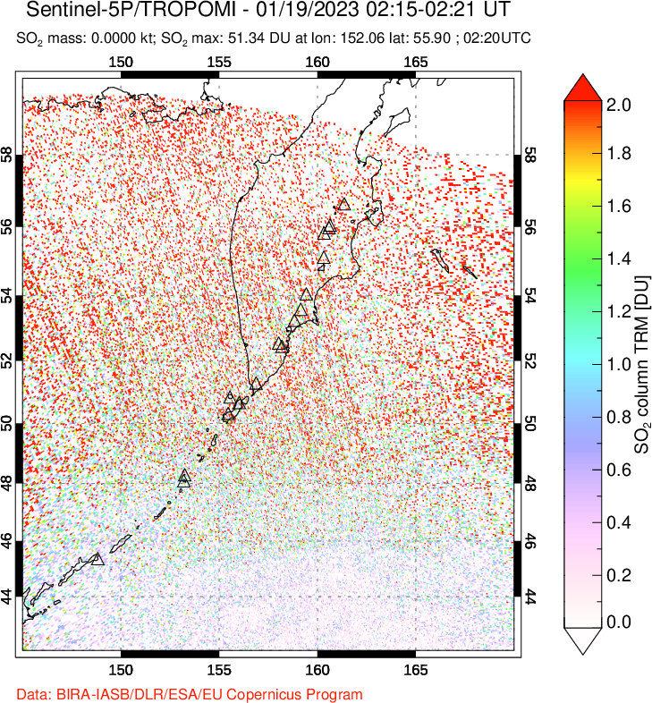 A sulfur dioxide image over Kamchatka, Russian Federation on Jan 19, 2023.
