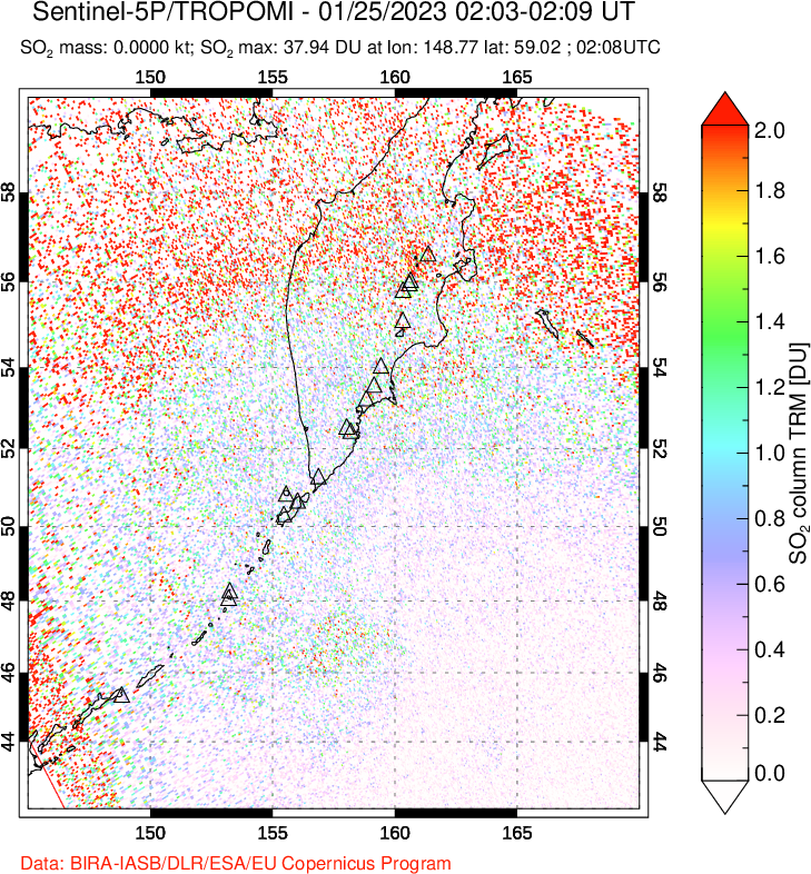 A sulfur dioxide image over Kamchatka, Russian Federation on Jan 25, 2023.