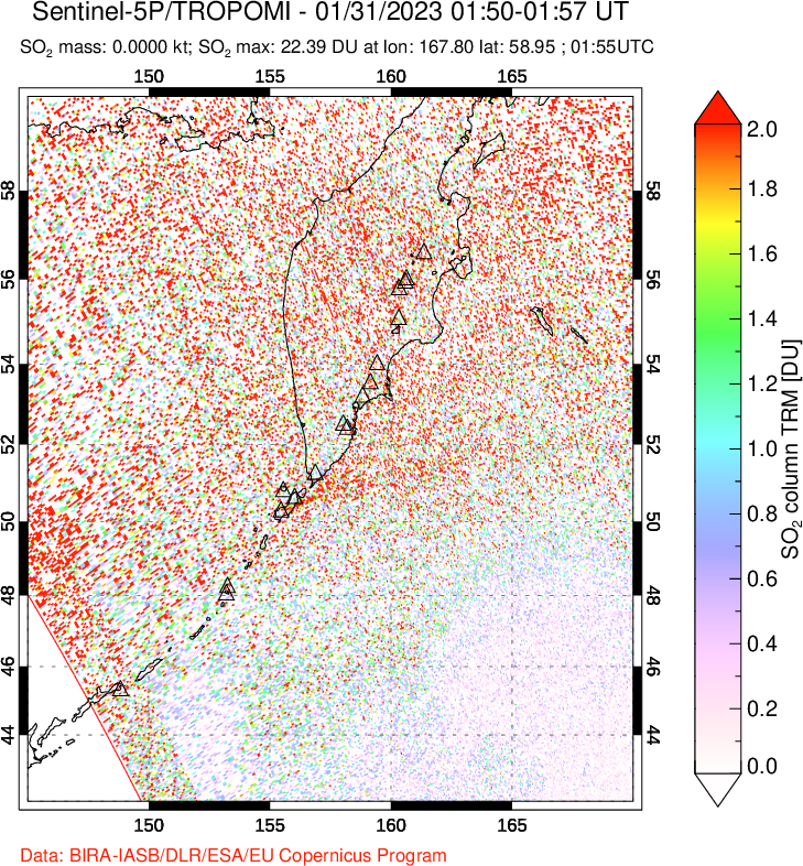 A sulfur dioxide image over Kamchatka, Russian Federation on Jan 31, 2023.