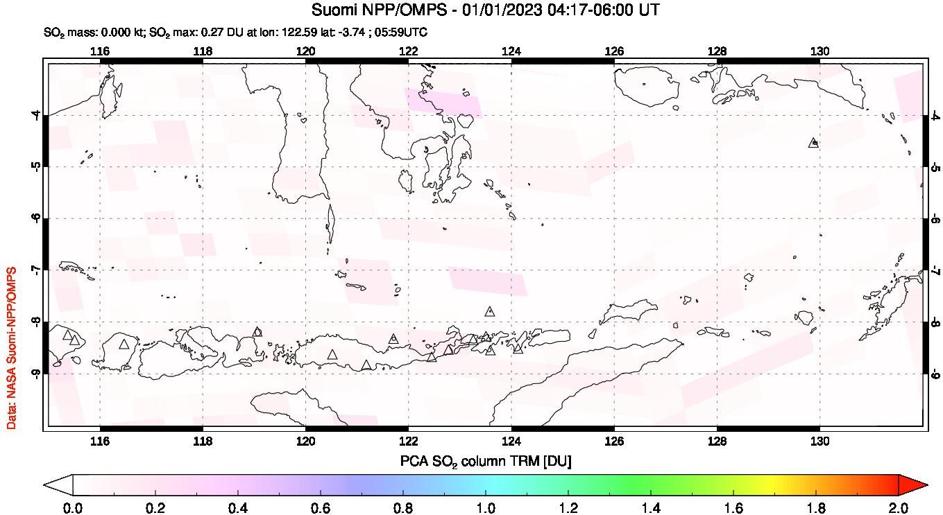 A sulfur dioxide image over Lesser Sunda Islands, Indonesia on Jan 01, 2023.