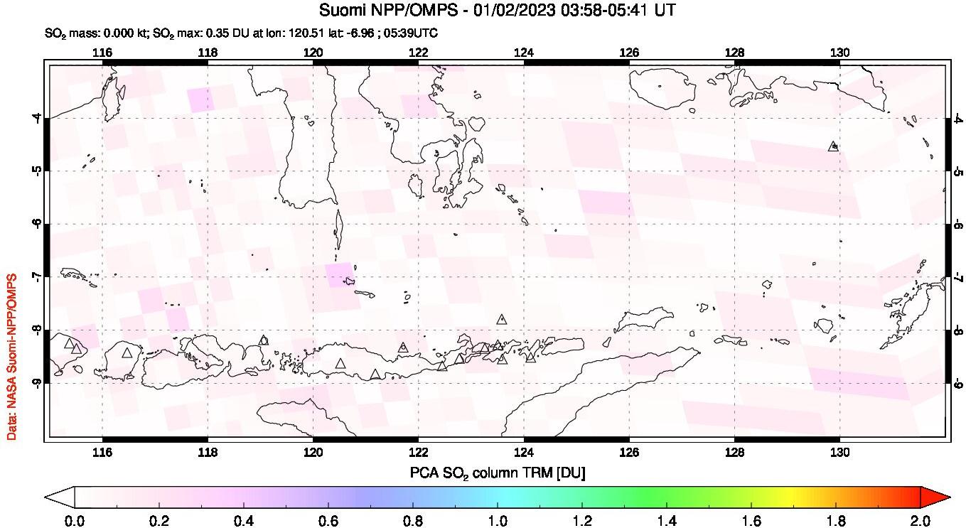 A sulfur dioxide image over Lesser Sunda Islands, Indonesia on Jan 02, 2023.