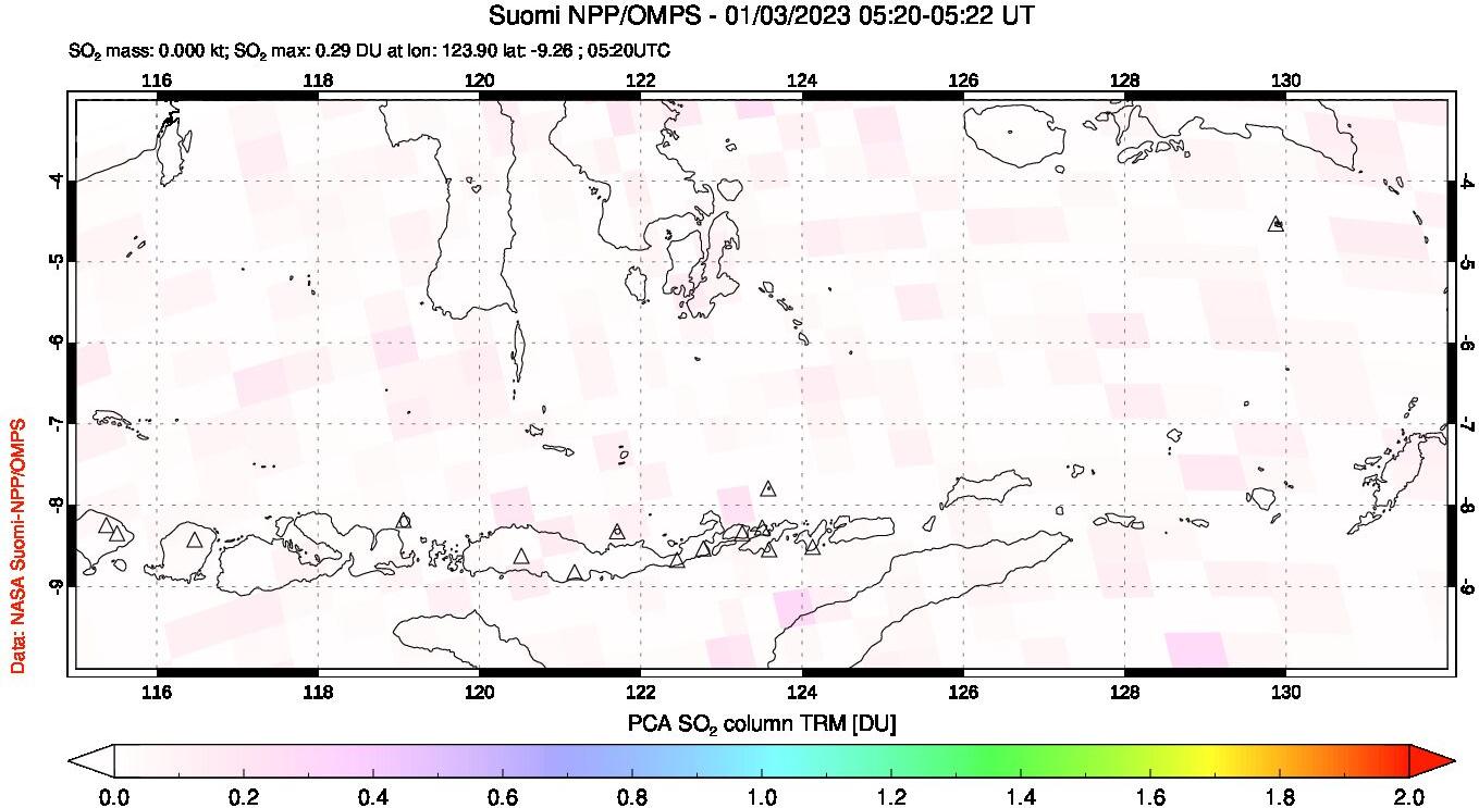 A sulfur dioxide image over Lesser Sunda Islands, Indonesia on Jan 03, 2023.