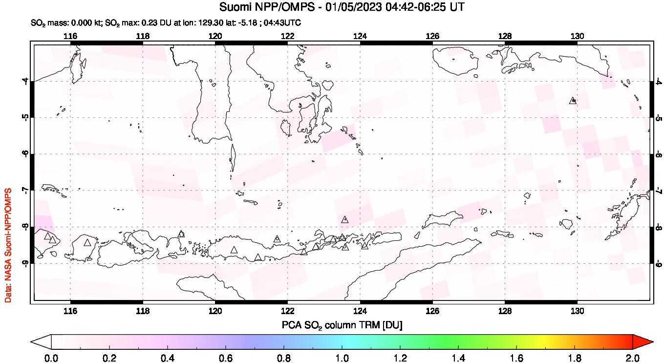 A sulfur dioxide image over Lesser Sunda Islands, Indonesia on Jan 05, 2023.