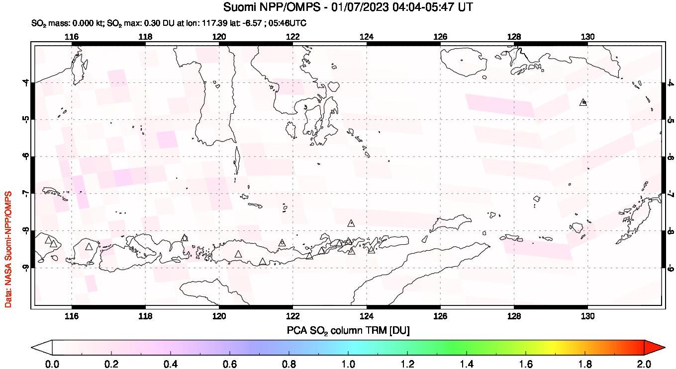 A sulfur dioxide image over Lesser Sunda Islands, Indonesia on Jan 07, 2023.