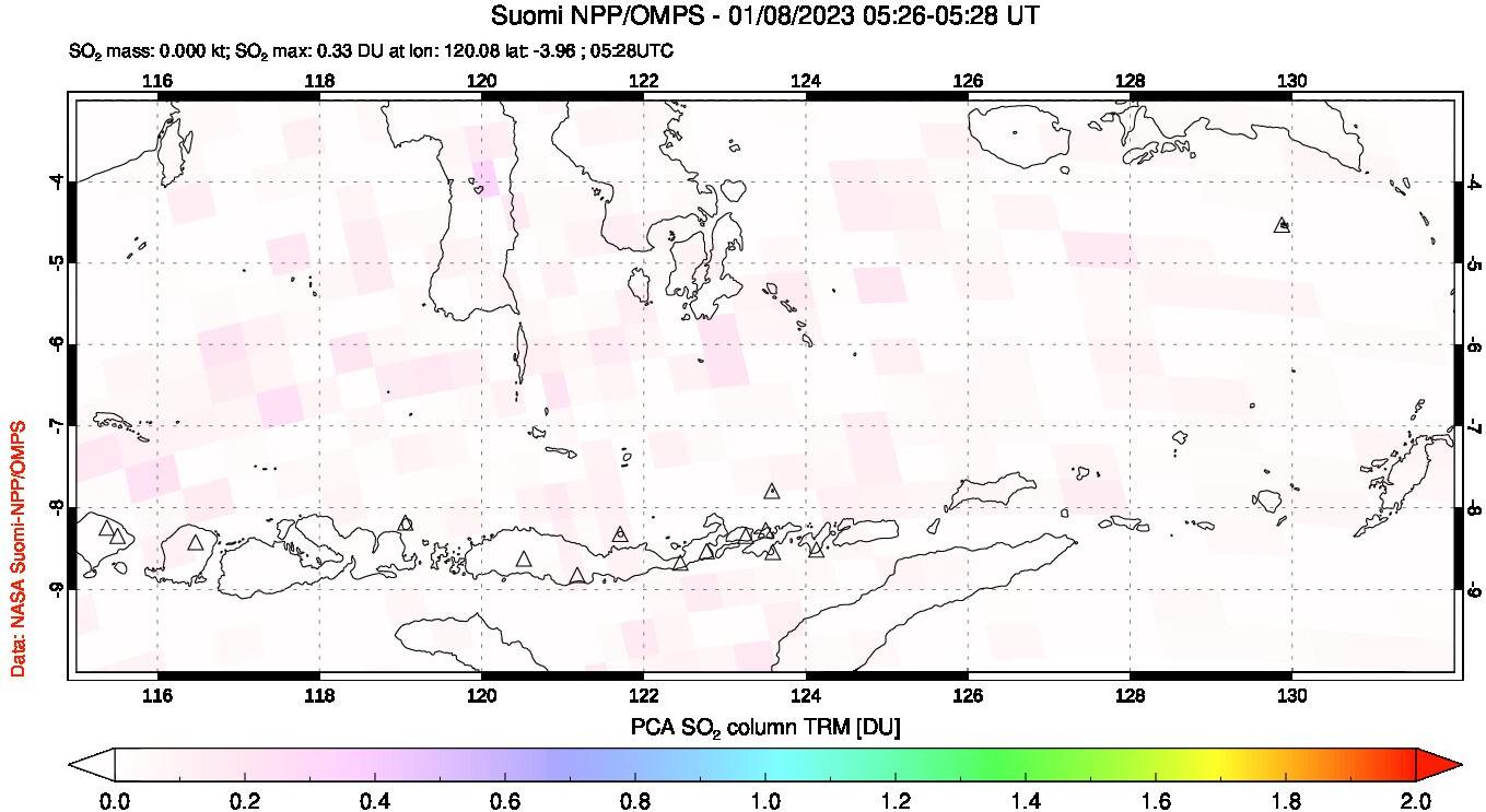 A sulfur dioxide image over Lesser Sunda Islands, Indonesia on Jan 08, 2023.