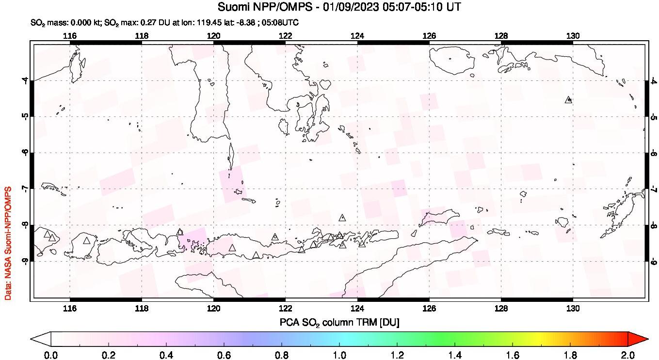 A sulfur dioxide image over Lesser Sunda Islands, Indonesia on Jan 09, 2023.
