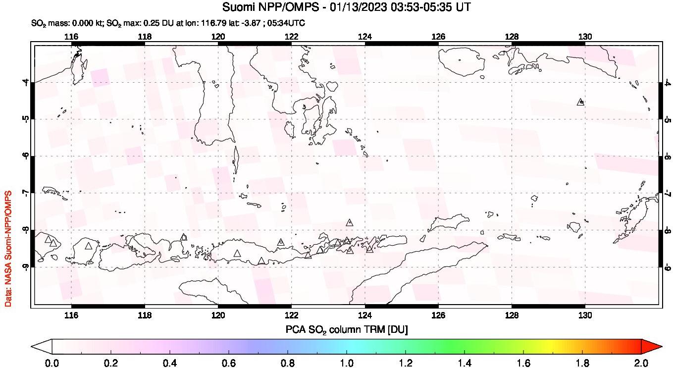 A sulfur dioxide image over Lesser Sunda Islands, Indonesia on Jan 13, 2023.