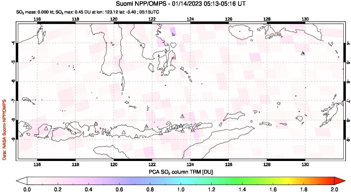 A sulfur dioxide image over Lesser Sunda Islands, Indonesia on Jan 14, 2023.