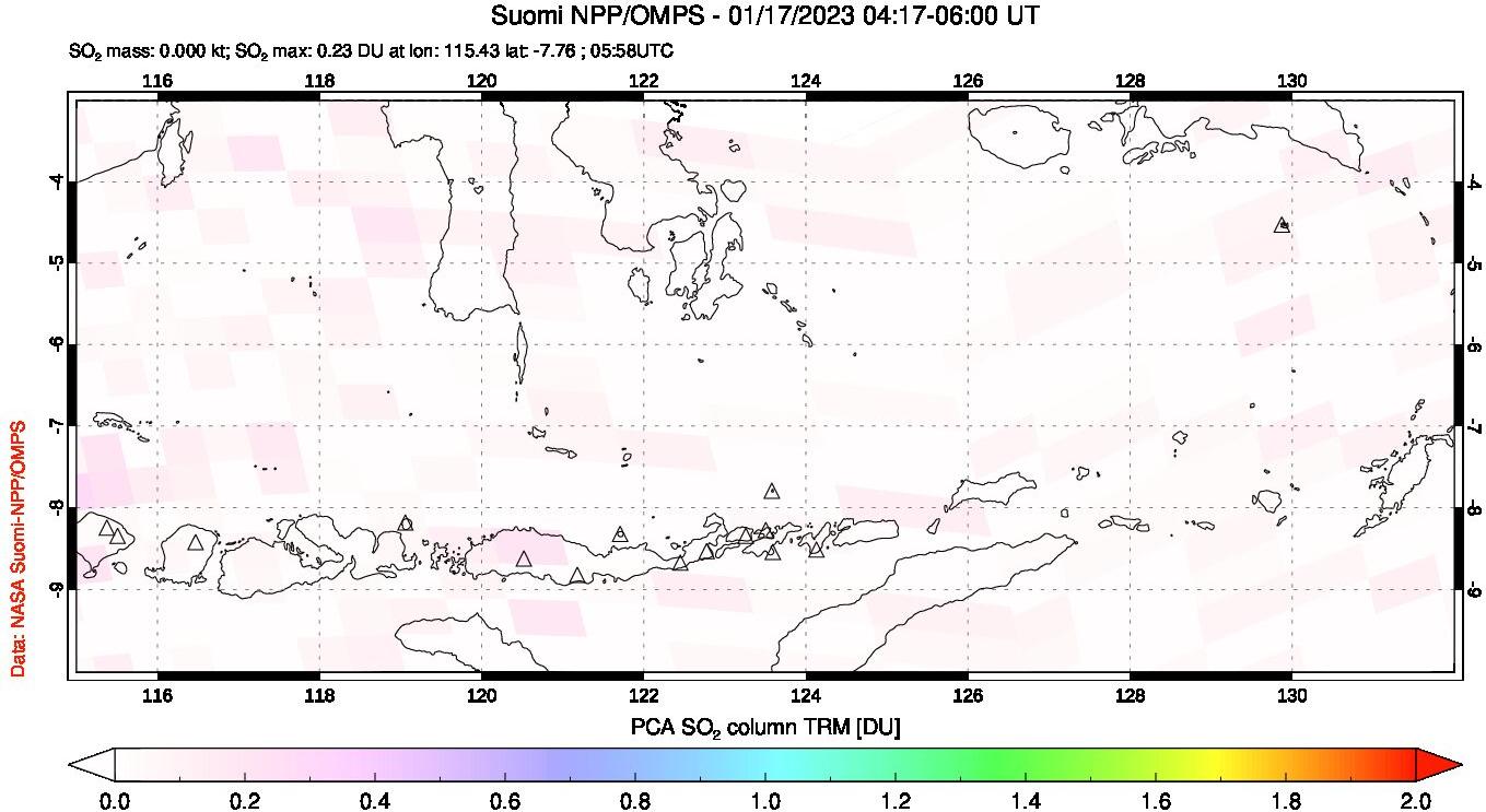 A sulfur dioxide image over Lesser Sunda Islands, Indonesia on Jan 17, 2023.