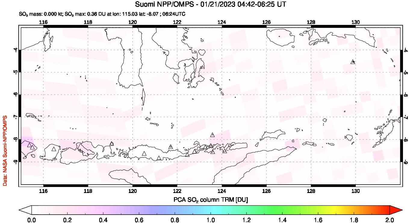 A sulfur dioxide image over Lesser Sunda Islands, Indonesia on Jan 21, 2023.