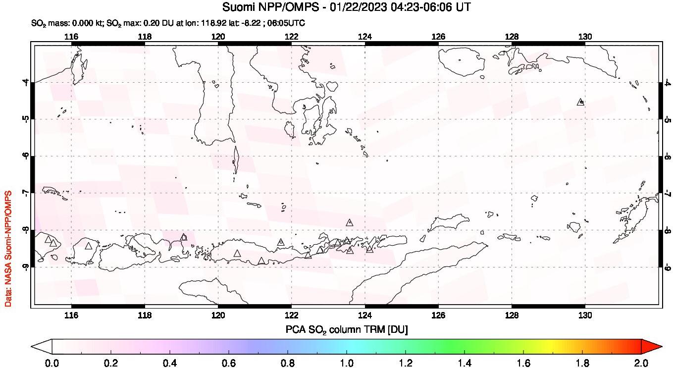 A sulfur dioxide image over Lesser Sunda Islands, Indonesia on Jan 22, 2023.