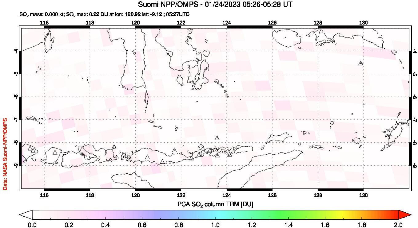 A sulfur dioxide image over Lesser Sunda Islands, Indonesia on Jan 24, 2023.