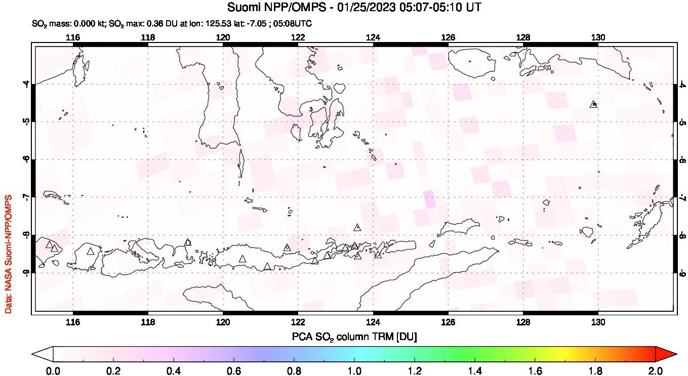 A sulfur dioxide image over Lesser Sunda Islands, Indonesia on Jan 25, 2023.