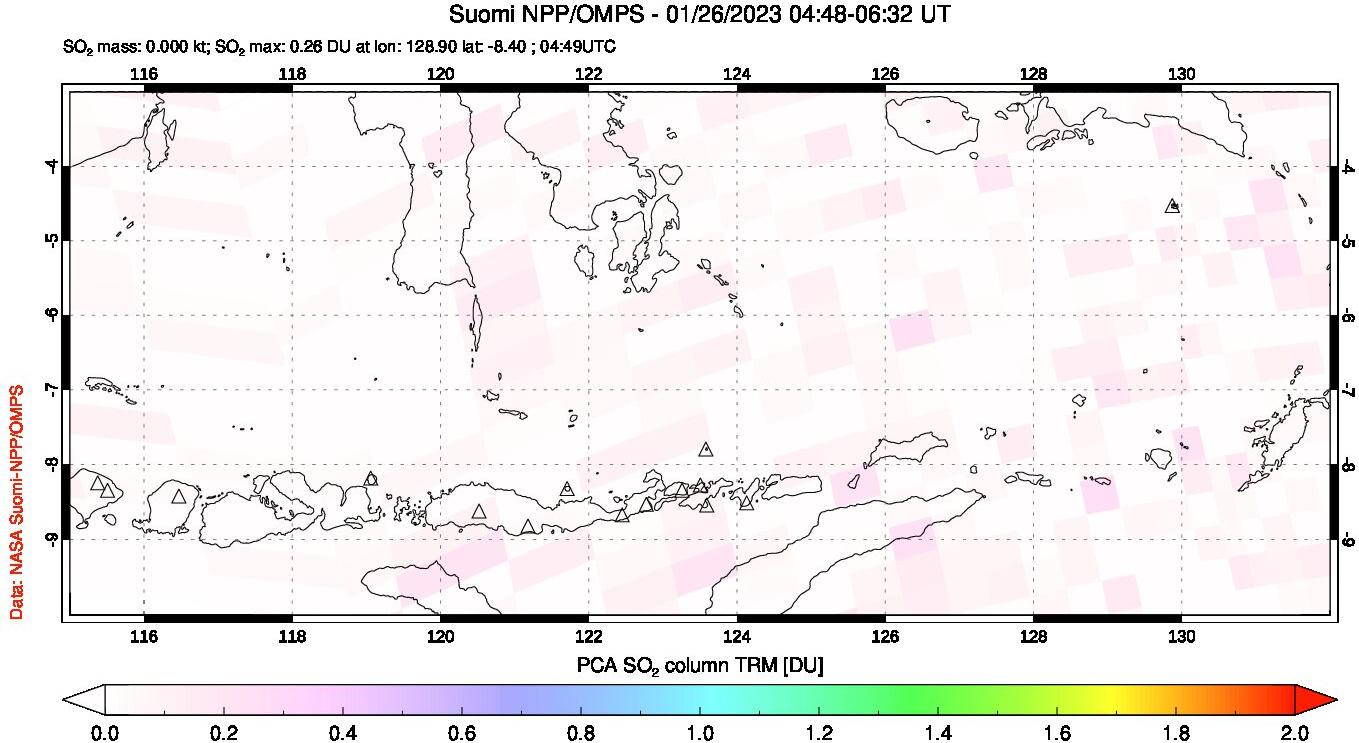 A sulfur dioxide image over Lesser Sunda Islands, Indonesia on Jan 26, 2023.