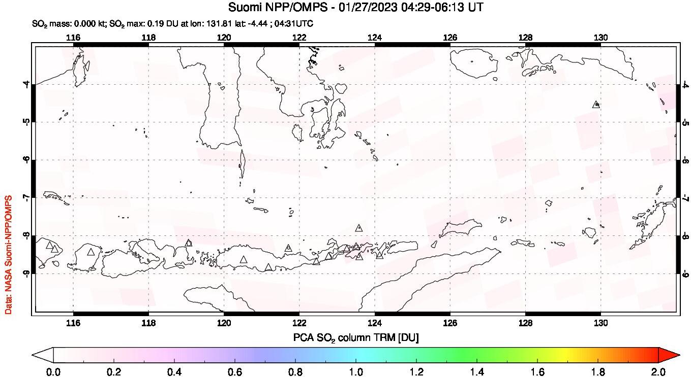 A sulfur dioxide image over Lesser Sunda Islands, Indonesia on Jan 27, 2023.