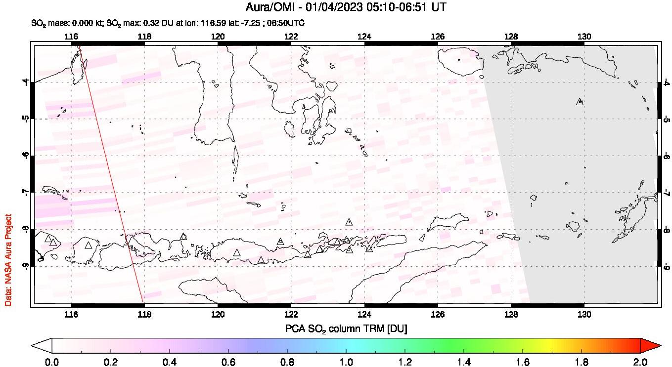 A sulfur dioxide image over Lesser Sunda Islands, Indonesia on Jan 04, 2023.