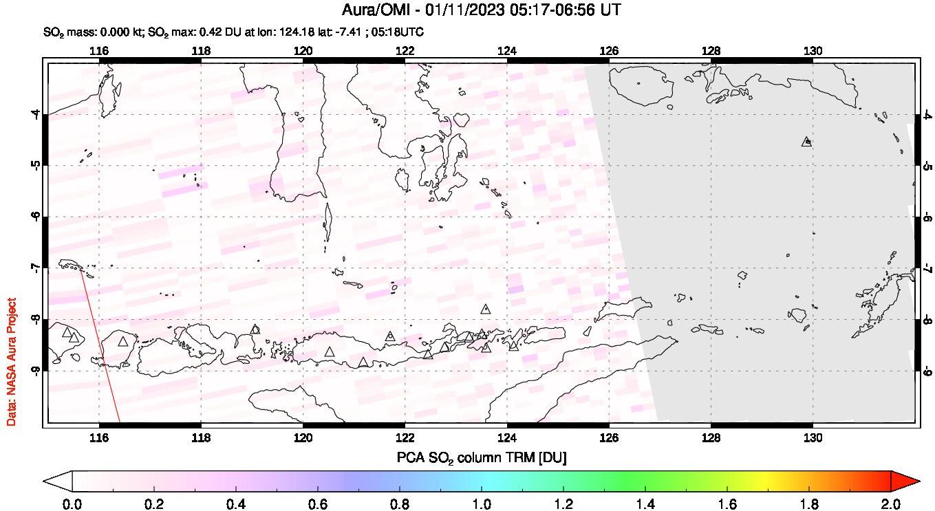 A sulfur dioxide image over Lesser Sunda Islands, Indonesia on Jan 11, 2023.