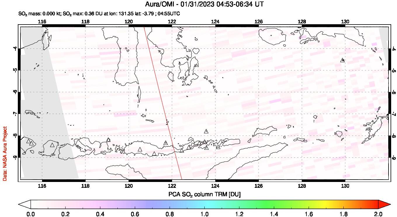 A sulfur dioxide image over Lesser Sunda Islands, Indonesia on Jan 31, 2023.