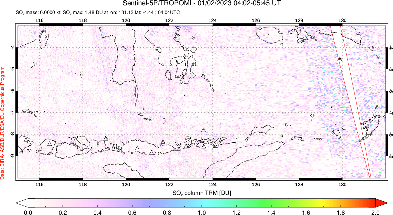 A sulfur dioxide image over Lesser Sunda Islands, Indonesia on Jan 02, 2023.
