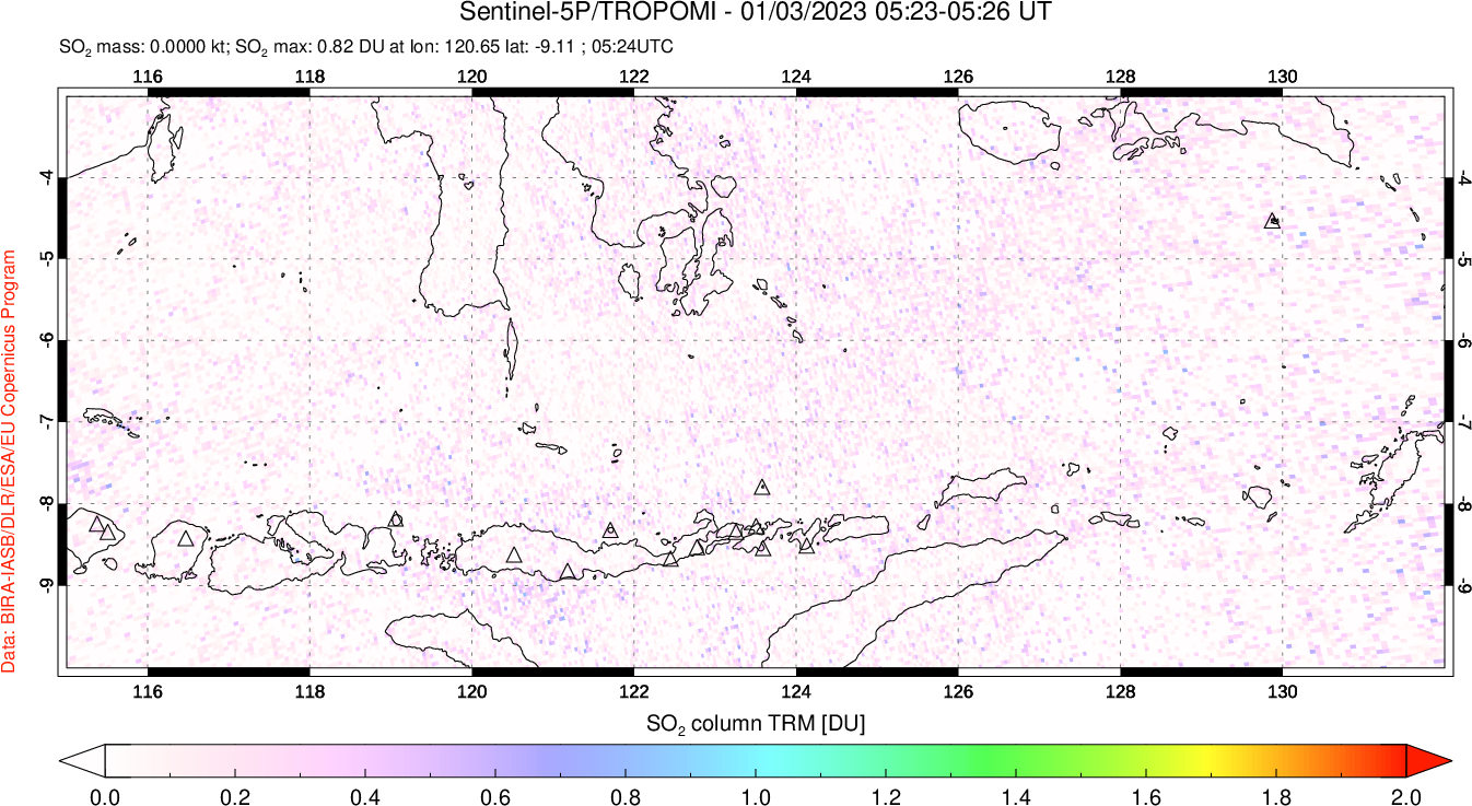 A sulfur dioxide image over Lesser Sunda Islands, Indonesia on Jan 03, 2023.