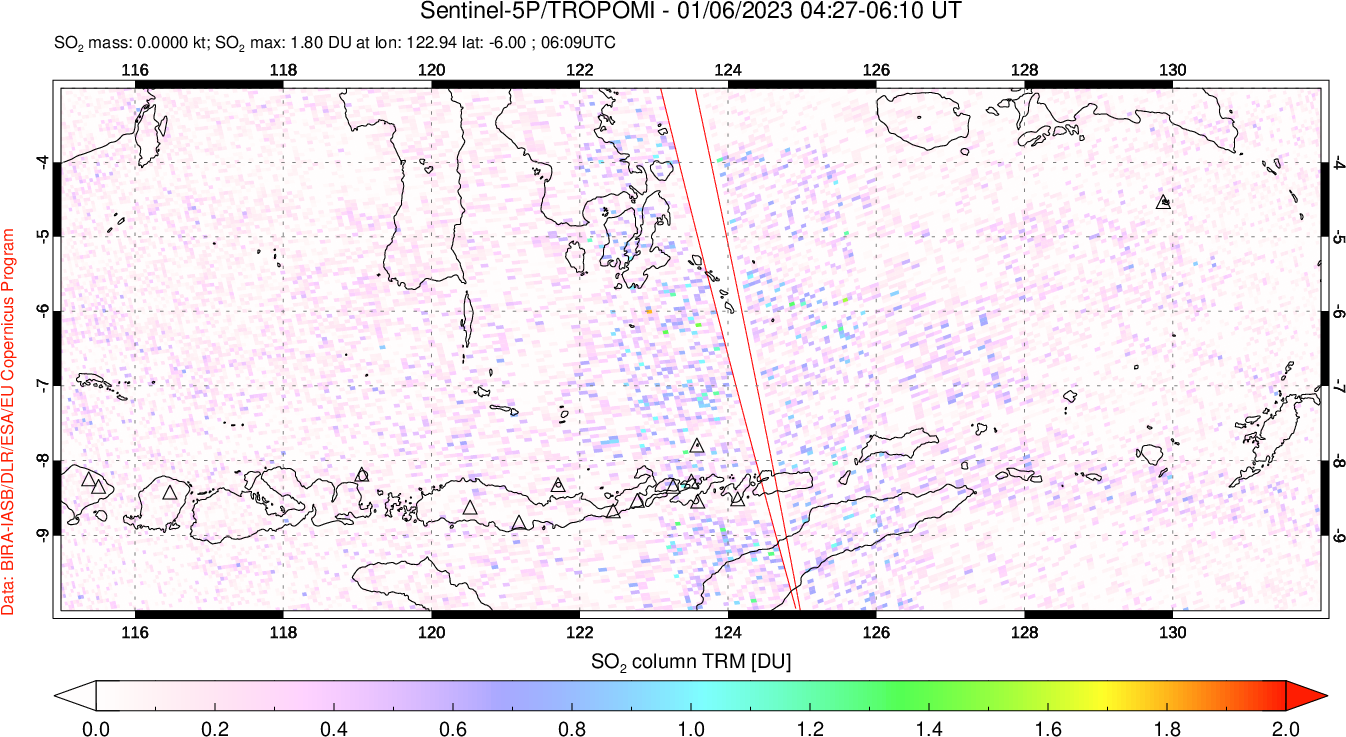 A sulfur dioxide image over Lesser Sunda Islands, Indonesia on Jan 06, 2023.