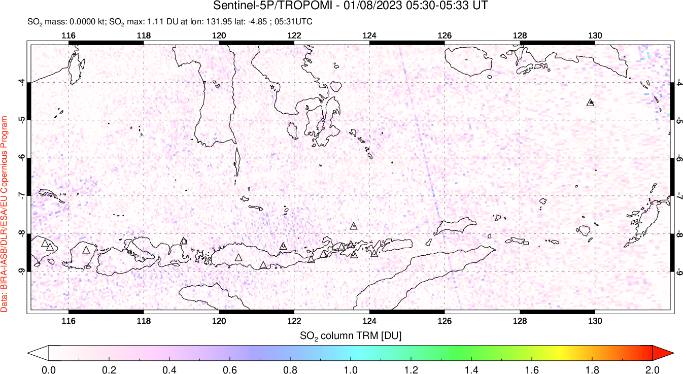 A sulfur dioxide image over Lesser Sunda Islands, Indonesia on Jan 08, 2023.