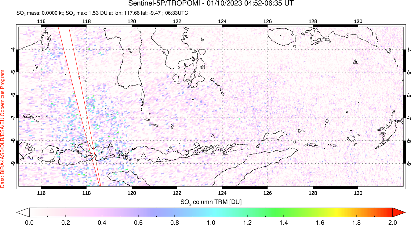 A sulfur dioxide image over Lesser Sunda Islands, Indonesia on Jan 10, 2023.