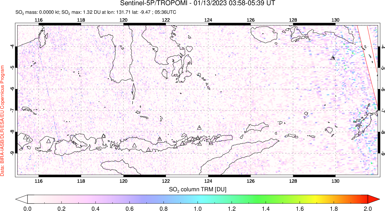 A sulfur dioxide image over Lesser Sunda Islands, Indonesia on Jan 13, 2023.