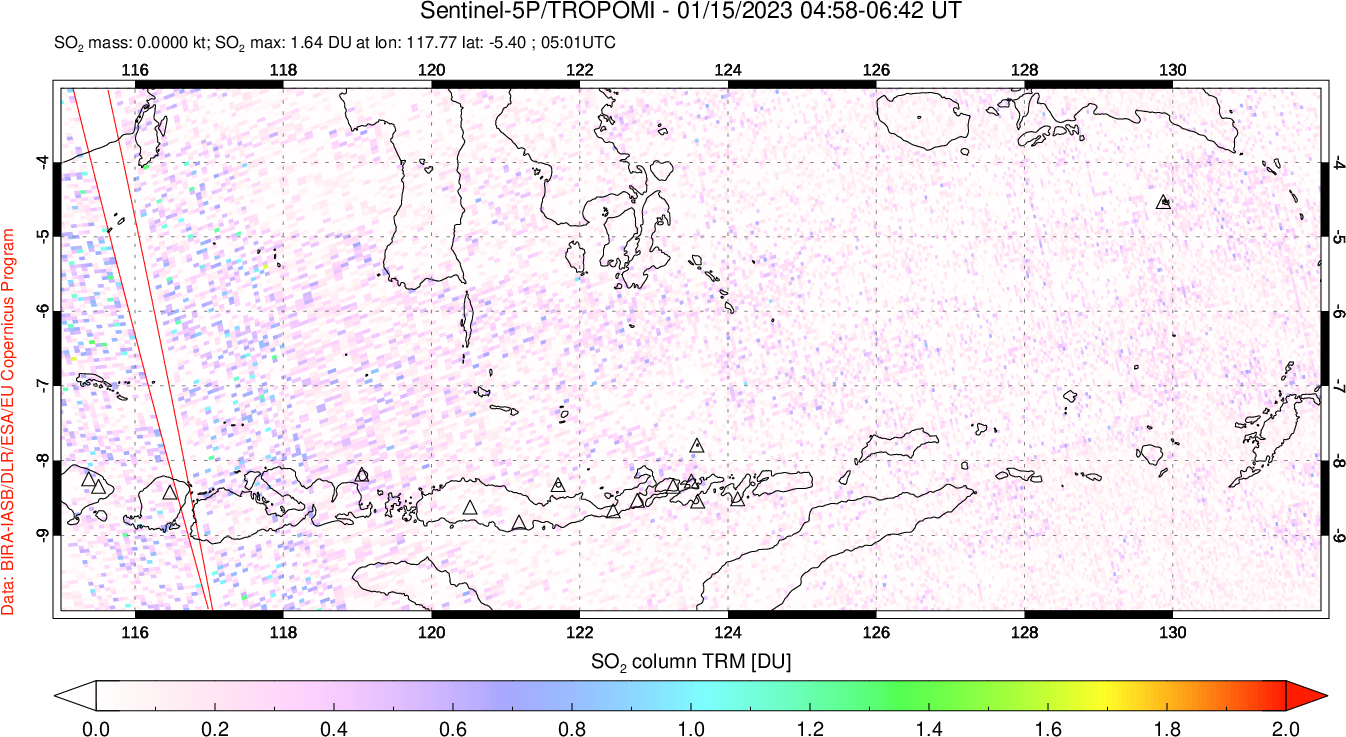 A sulfur dioxide image over Lesser Sunda Islands, Indonesia on Jan 15, 2023.