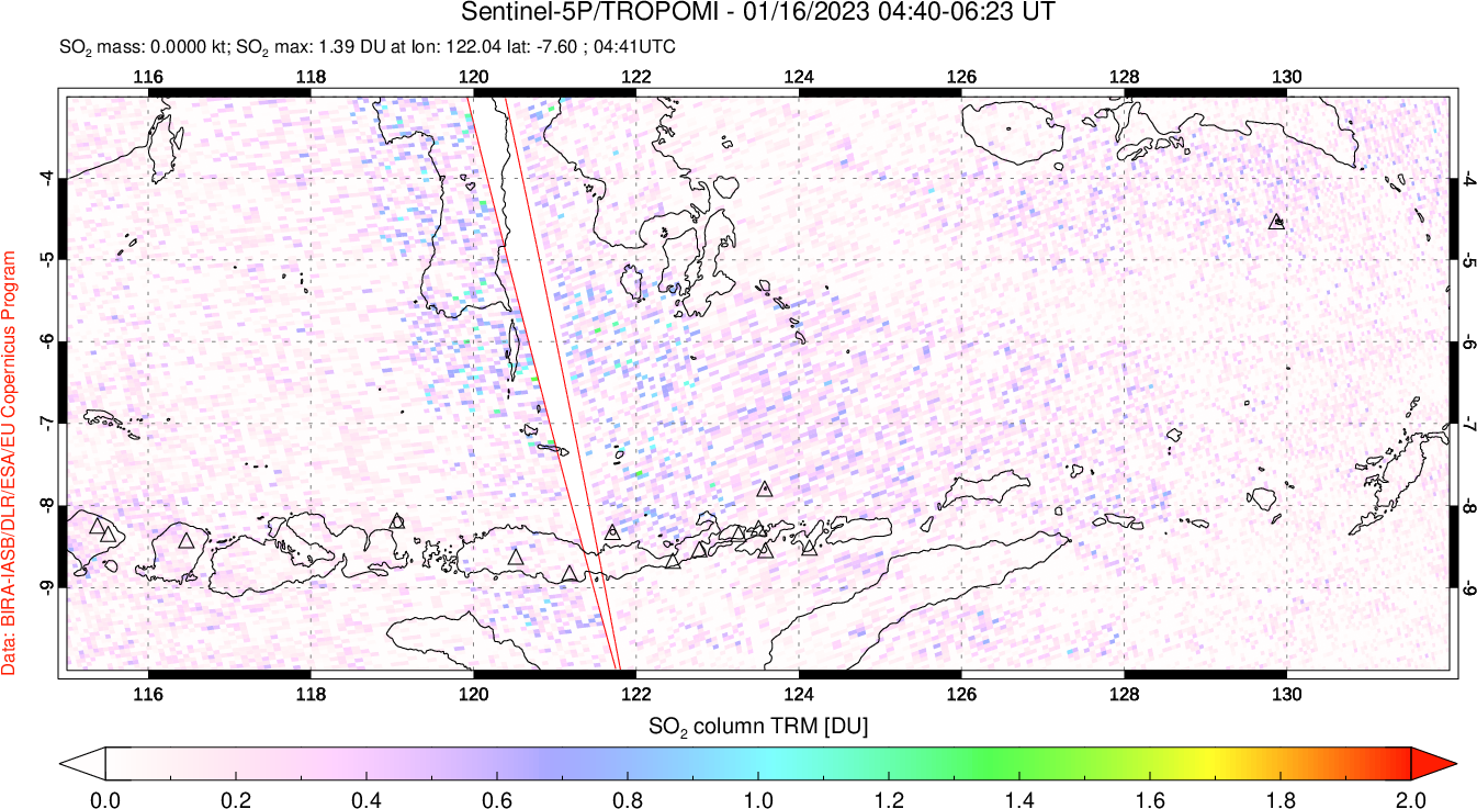 A sulfur dioxide image over Lesser Sunda Islands, Indonesia on Jan 16, 2023.