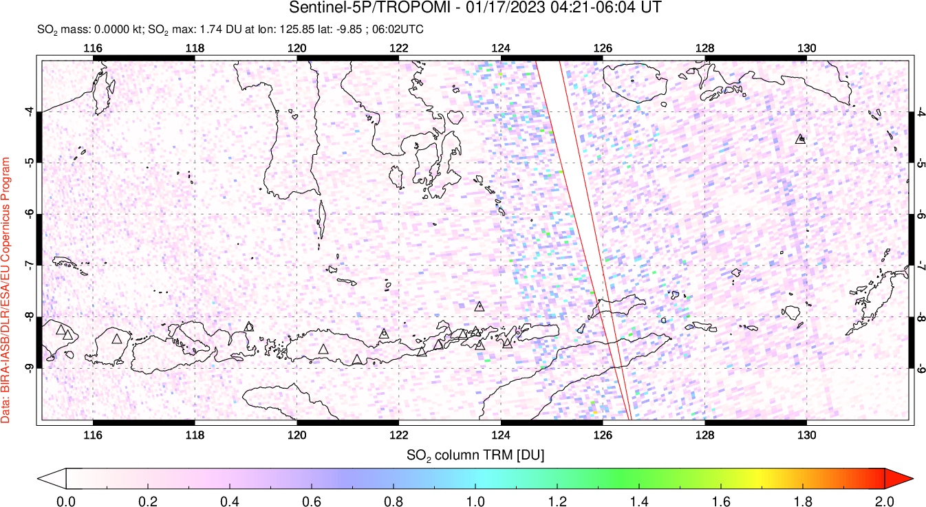 A sulfur dioxide image over Lesser Sunda Islands, Indonesia on Jan 17, 2023.