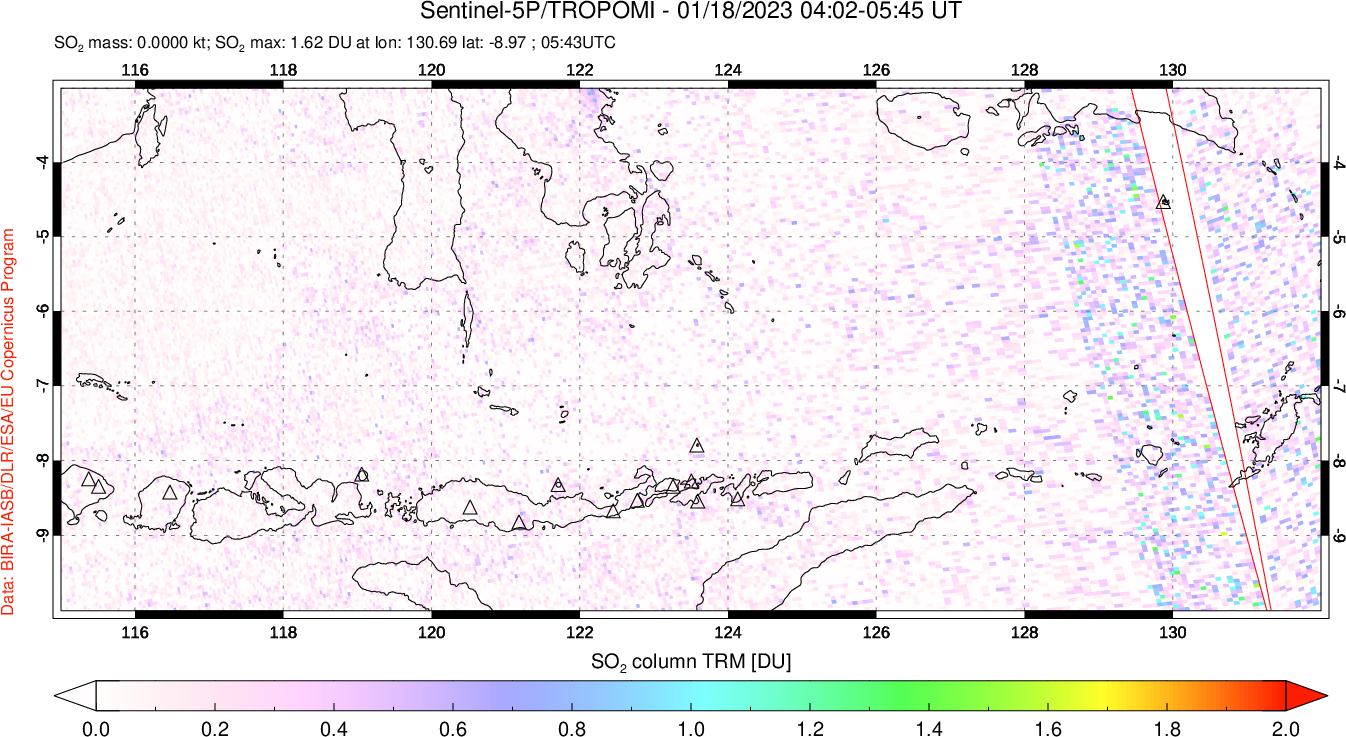 A sulfur dioxide image over Lesser Sunda Islands, Indonesia on Jan 18, 2023.