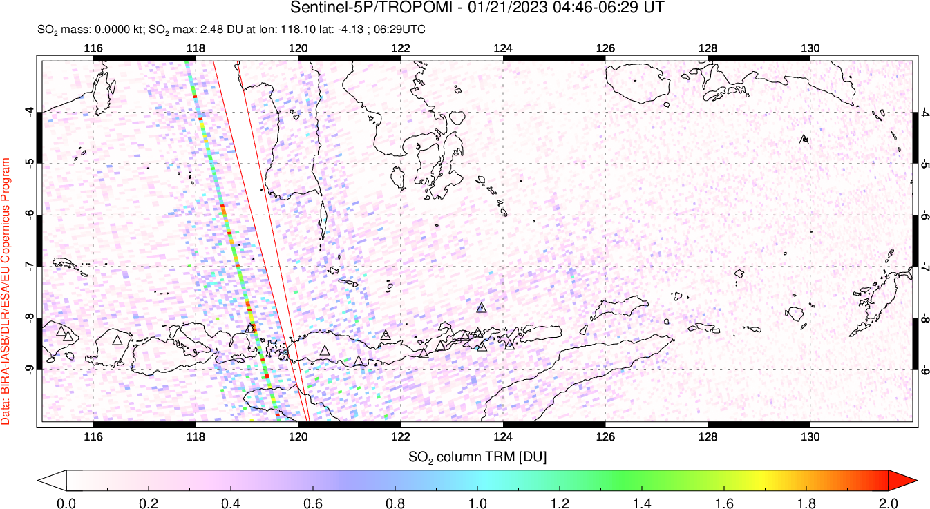 A sulfur dioxide image over Lesser Sunda Islands, Indonesia on Jan 21, 2023.