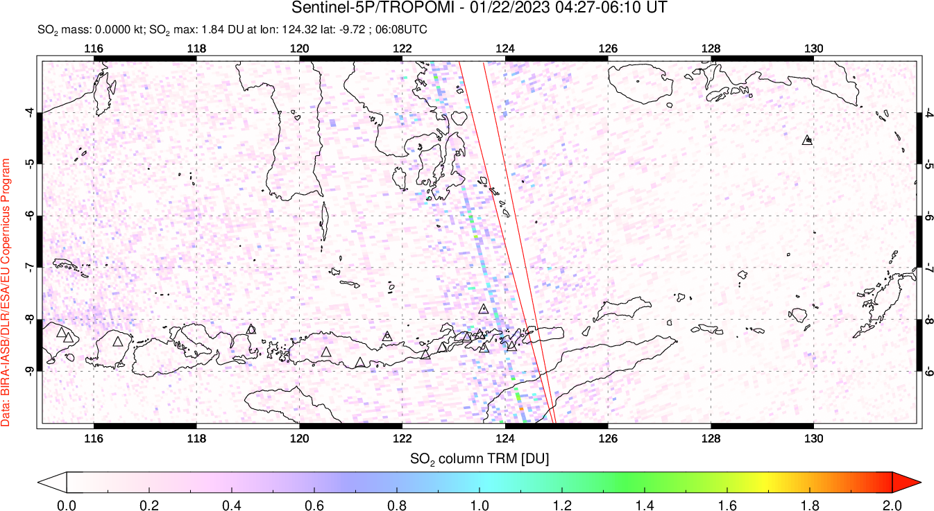 A sulfur dioxide image over Lesser Sunda Islands, Indonesia on Jan 22, 2023.