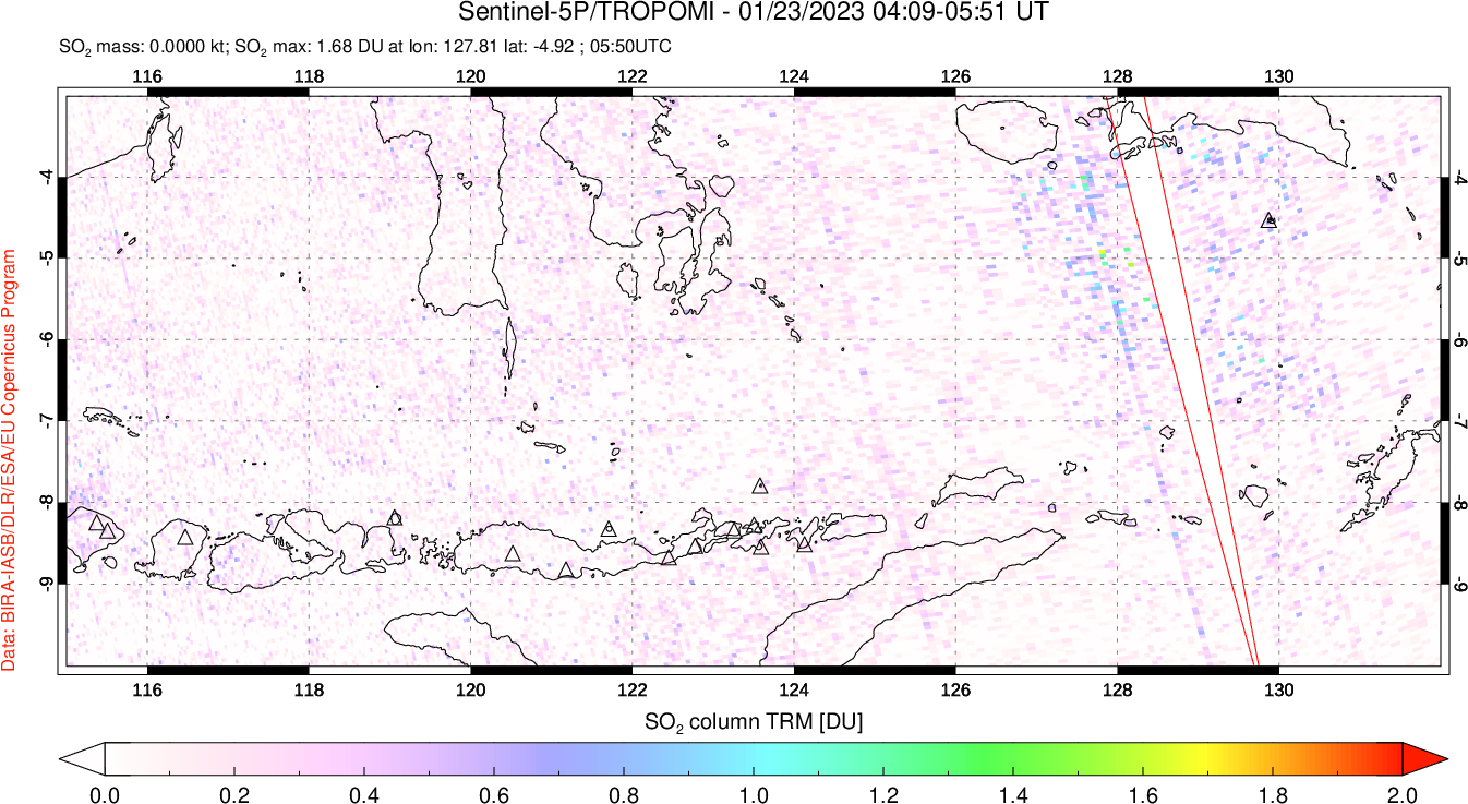 A sulfur dioxide image over Lesser Sunda Islands, Indonesia on Jan 23, 2023.