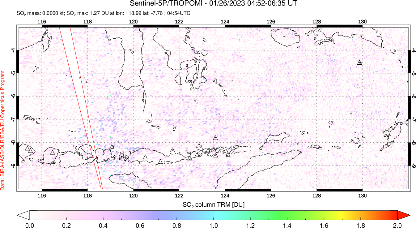A sulfur dioxide image over Lesser Sunda Islands, Indonesia on Jan 26, 2023.
