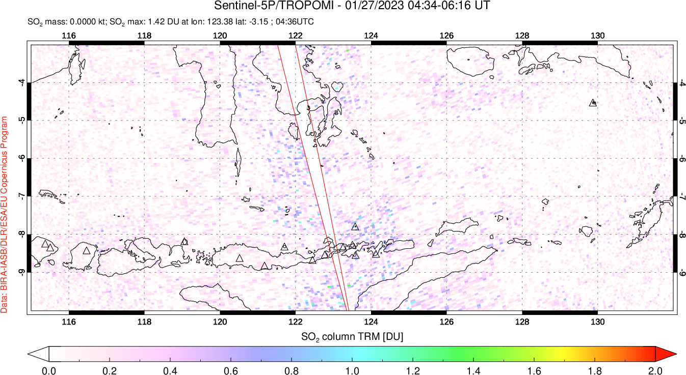A sulfur dioxide image over Lesser Sunda Islands, Indonesia on Jan 27, 2023.