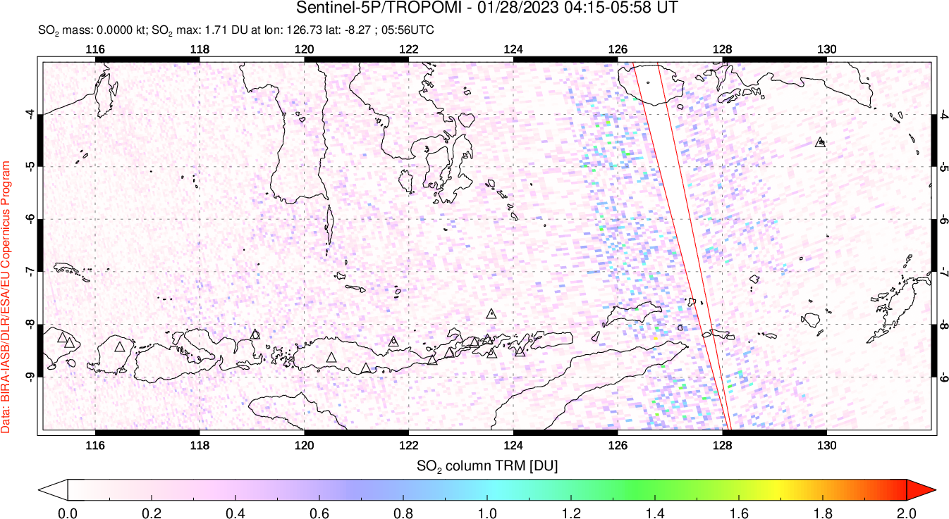 A sulfur dioxide image over Lesser Sunda Islands, Indonesia on Jan 28, 2023.