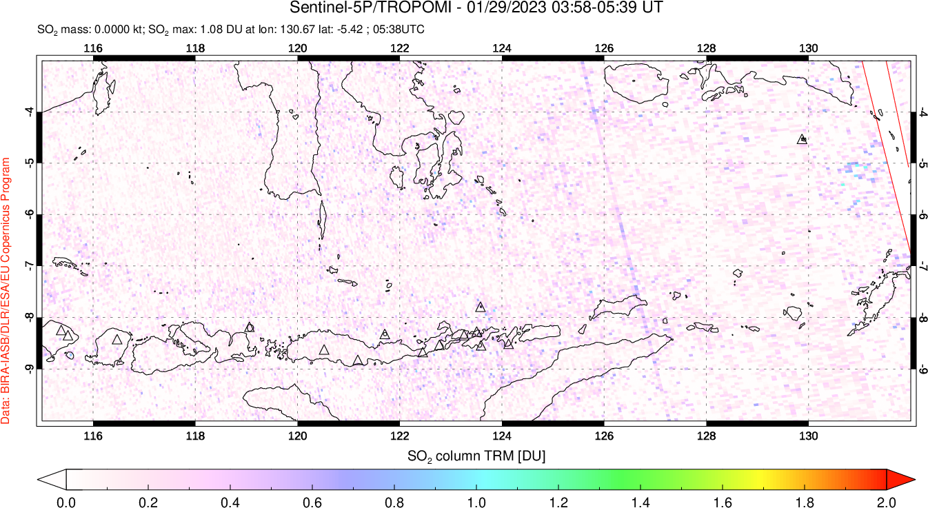 A sulfur dioxide image over Lesser Sunda Islands, Indonesia on Jan 29, 2023.