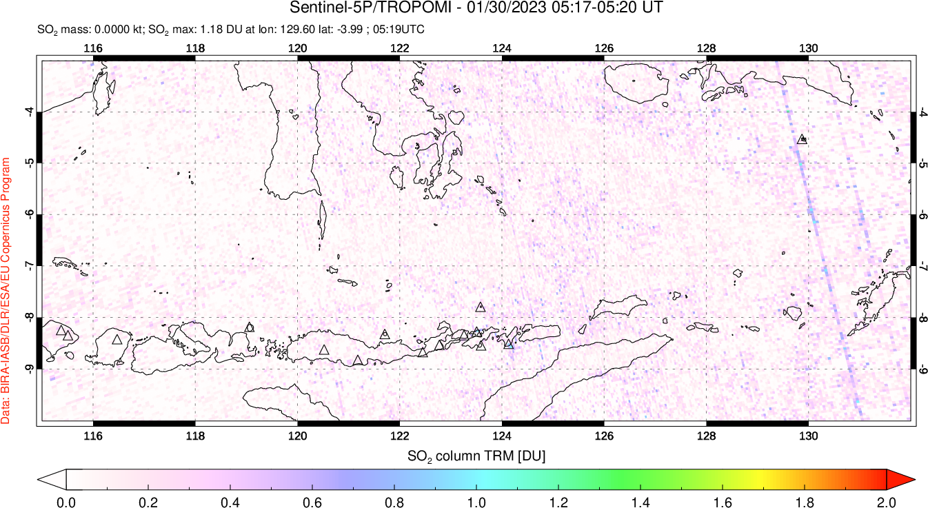 A sulfur dioxide image over Lesser Sunda Islands, Indonesia on Jan 30, 2023.