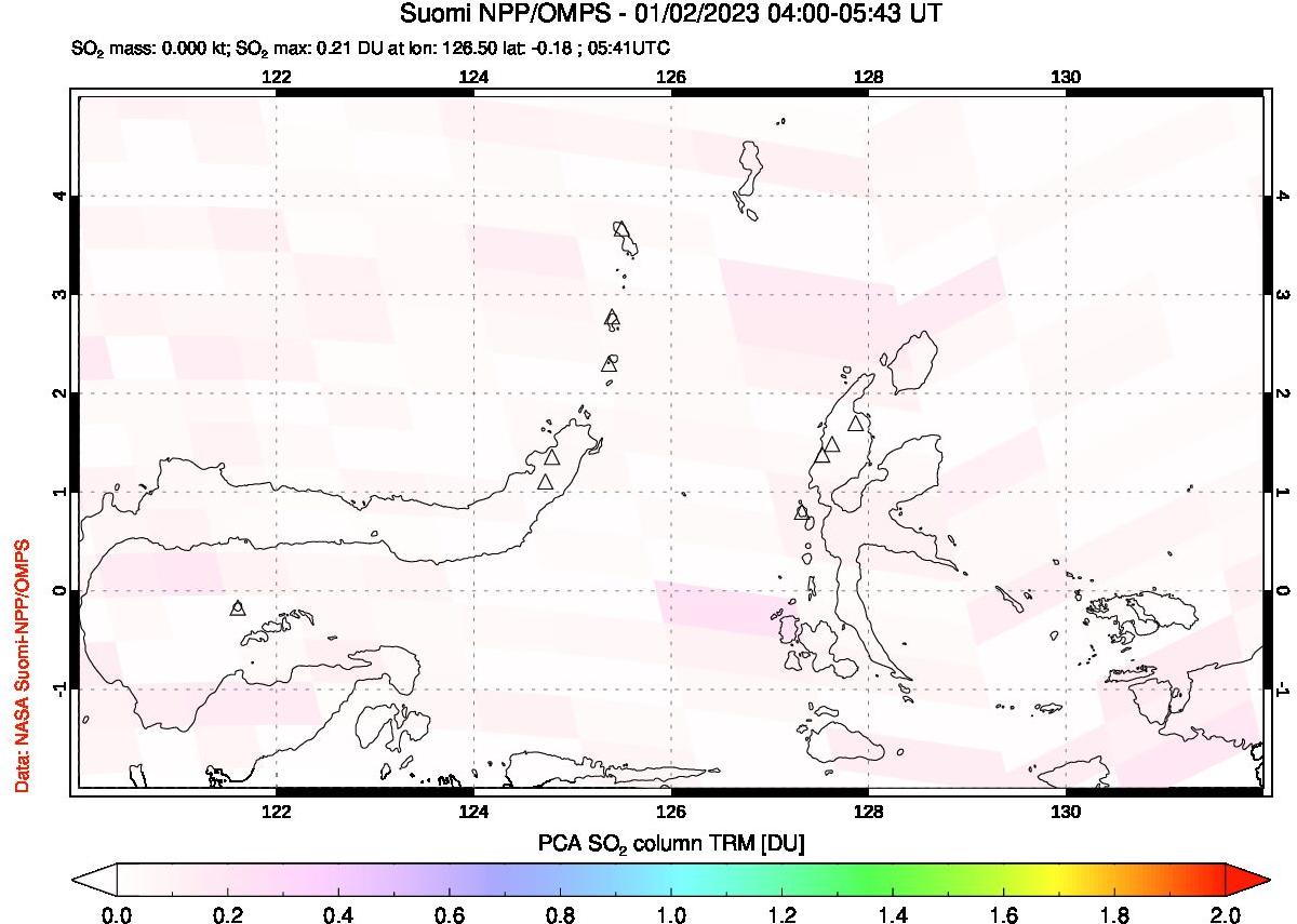 A sulfur dioxide image over Northern Sulawesi & Halmahera, Indonesia on Jan 02, 2023.
